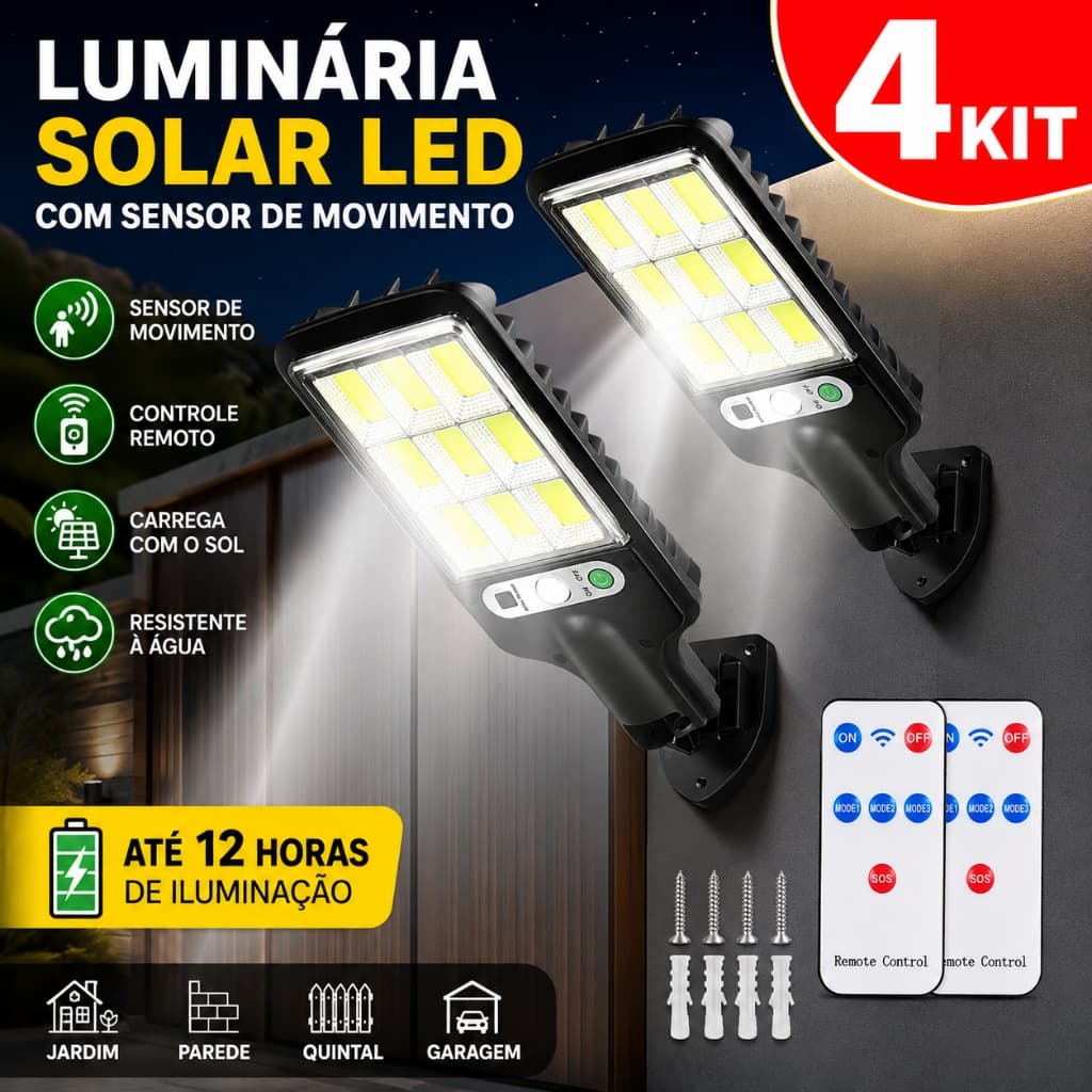 Luminária Solar LED 108 COB com Sensor de Presença 3 Modos Luz Branca Fria
