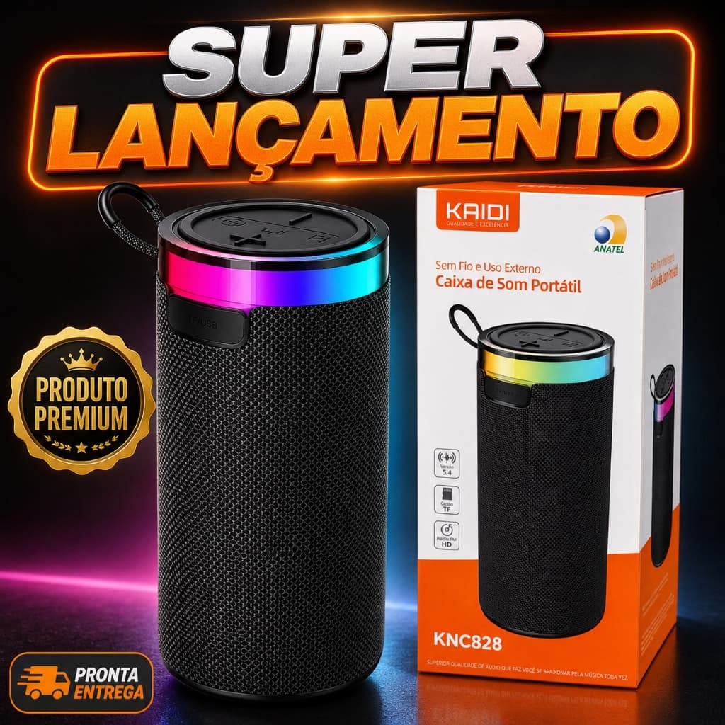 Caixa de Som Bluetooth KAIDI KNC828 Portátil Sem Fio 10W RGB Bluetooth 5.4 USB XBass Recarregável