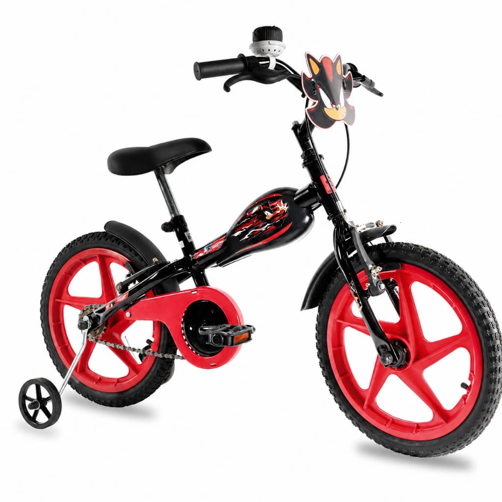 Bicicleta Infantil Aro 16 Sonic Shadow Preta Vermelha Menino 5 a 7 Anos Rodinhas Removíveis Freio V-Brake