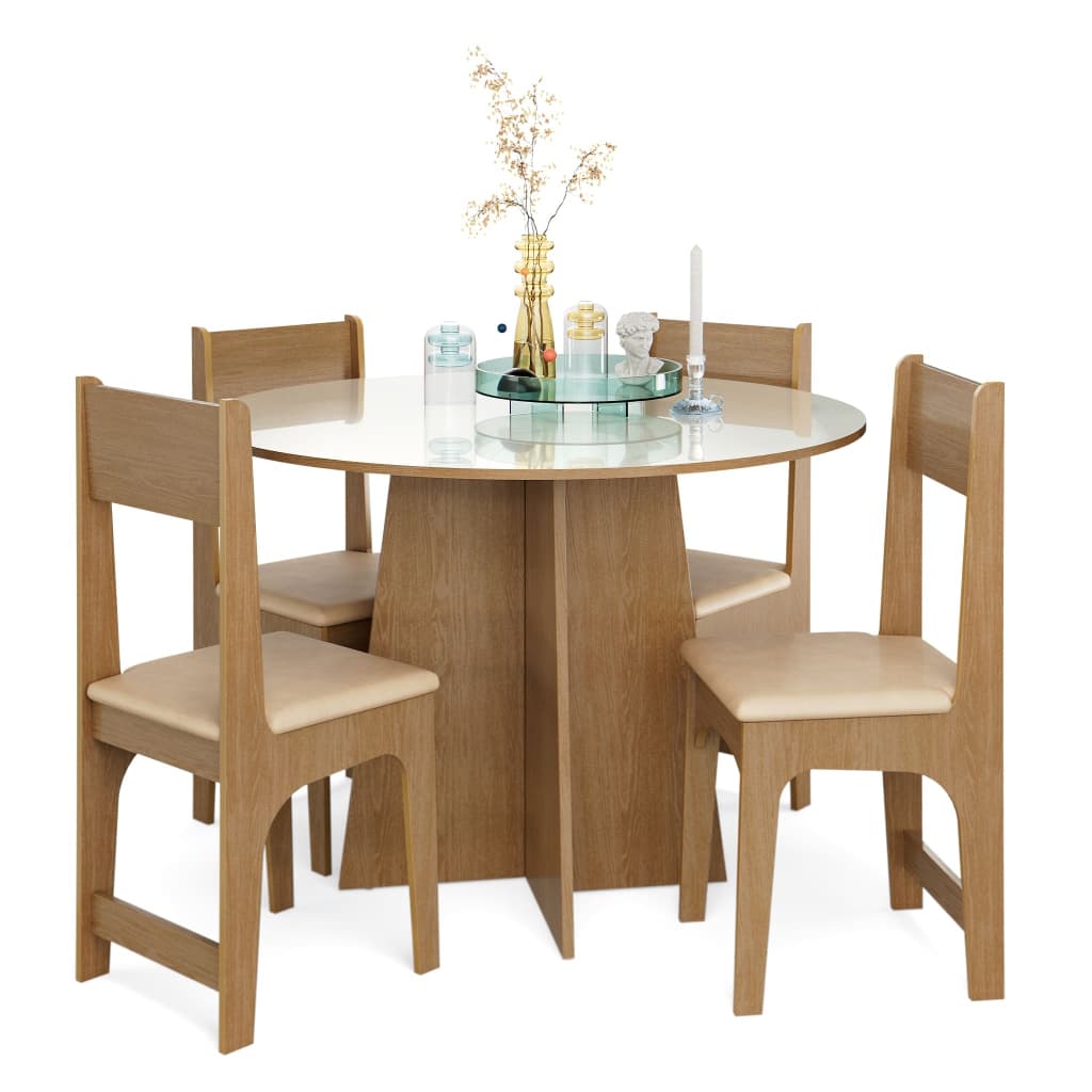 Conjunto Sala De Jantar Compacta Com 4 Lugares Cadeiras Estofadas Mesa Redonda Semelhante a Vidro Completa Cindy