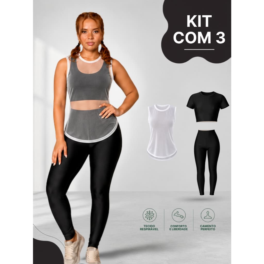 Kit Fitness Feminino 3 Peças Top + Regata Tule + Calça Legging Cintura Alta Academia