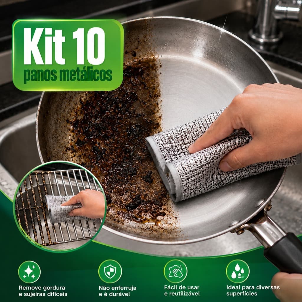 Kit 10 Panos de Limpeza Reutilizável Metálico Não Risca Multiuso Cozinha Pia Fogão Prato Panela Grelha Gordura
