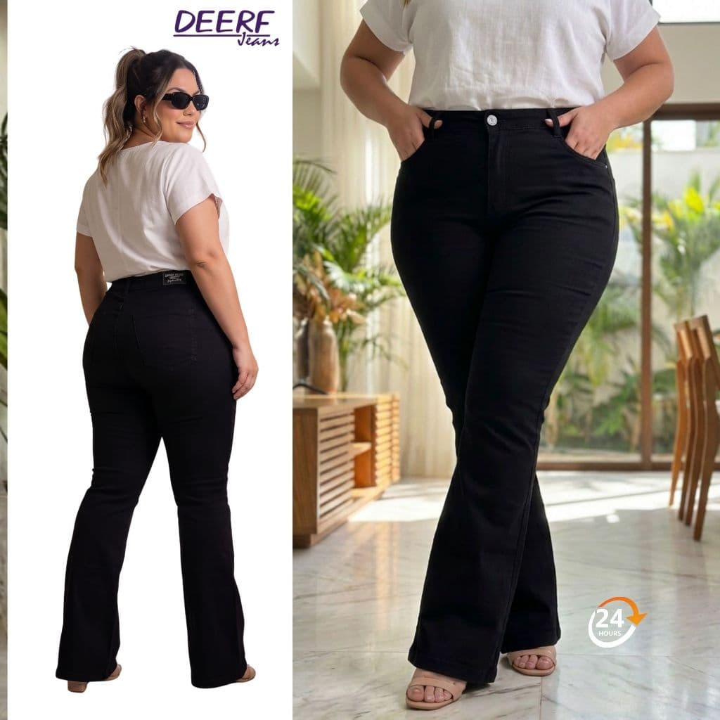 Calça Flare Jeans Cintura Alta LEVANTA BUMBUM Com Lycra Premium Preta e Bolsos Funcionais.