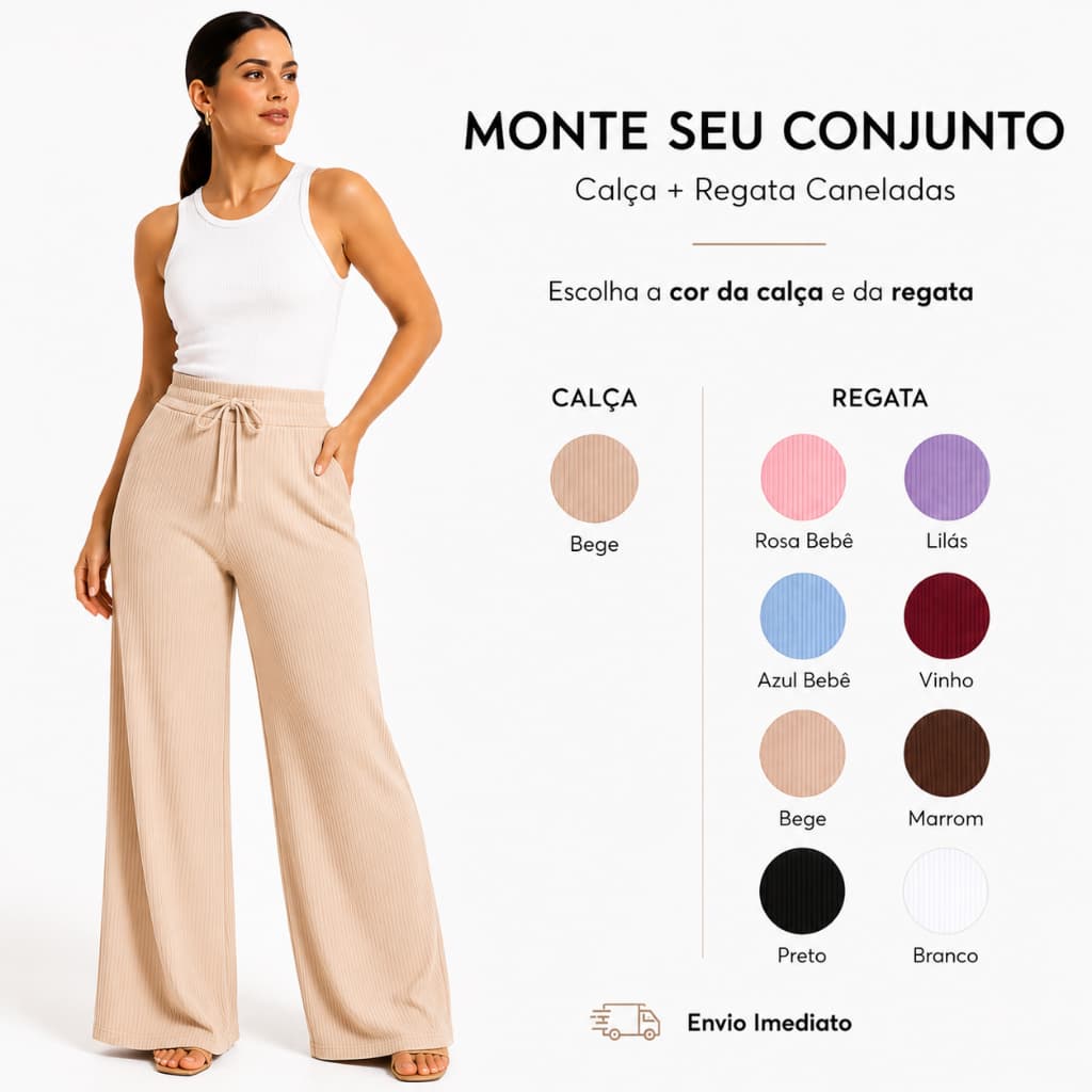 Conjunto Calça Pantalona Regata Larguinho Largo Feminino Trabalho Canelado Moda Verão Calor Feminina Gestante Gravidez