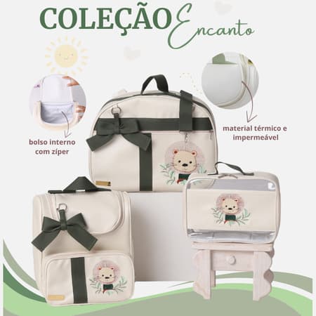 Kit maternidade 3 peças mala, mochila e necessaire leão safari, térmica e impermeável