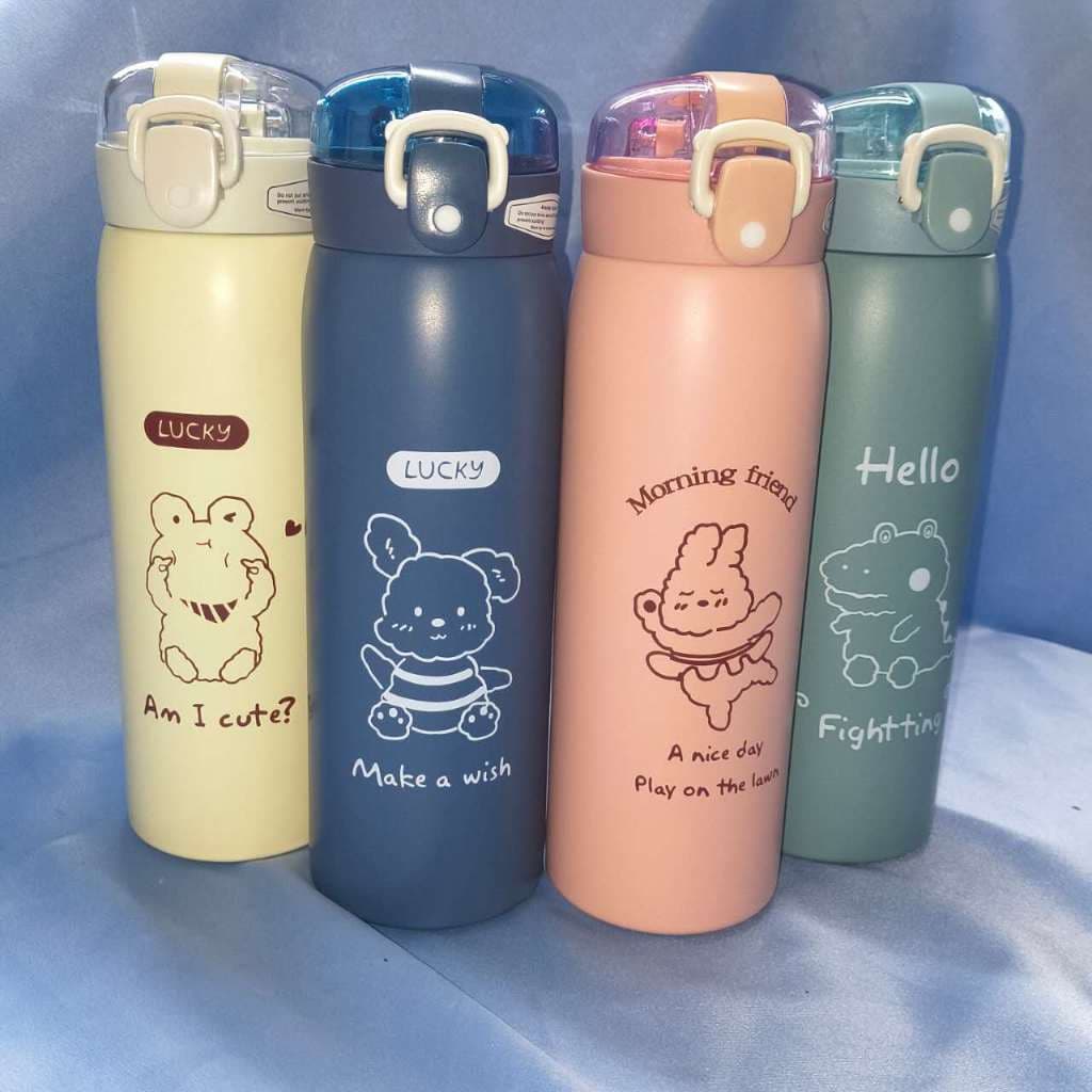 Garrafa Térmica Inox com Canudo, Estampa Animais Desenho Minimalista Fofo, Garrafa de Água Portátil Anti-Vazamento para