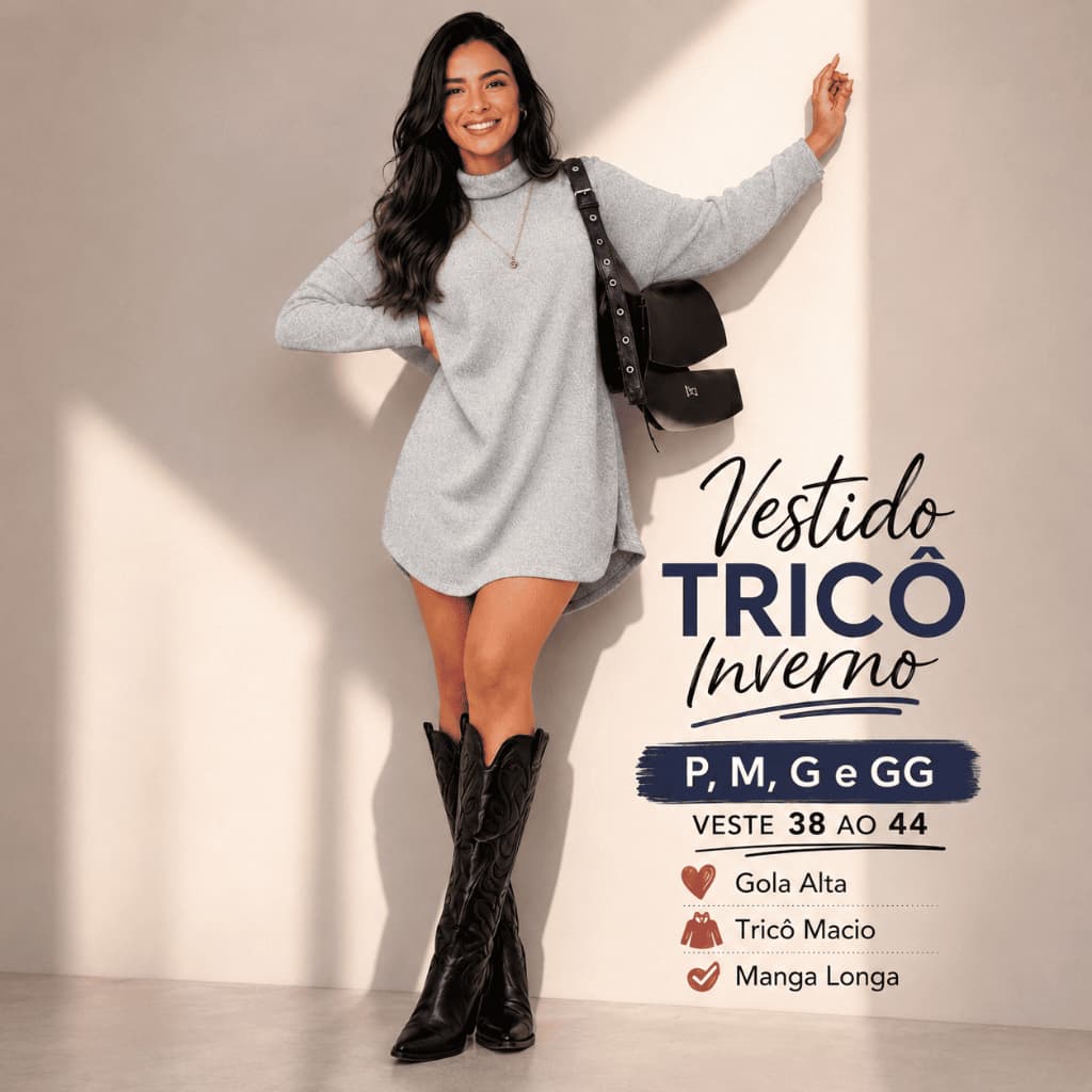 Vestido Poncho Feminino Gola Alta Manga Longa Lanzinha Elegante Inverno Moda 2026