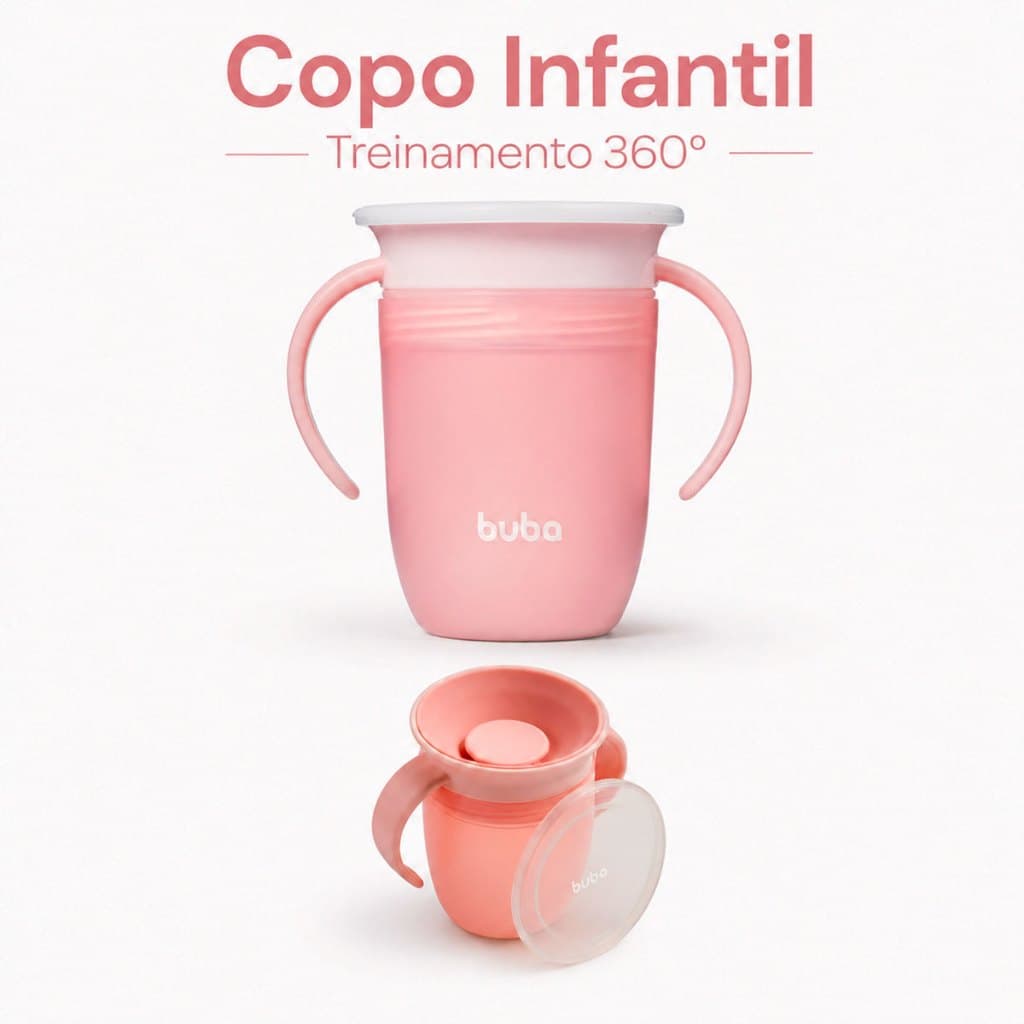Copo Infantil Treinamento 360º Válvula Antivazamento Com Alça Buba 210ml Rosa