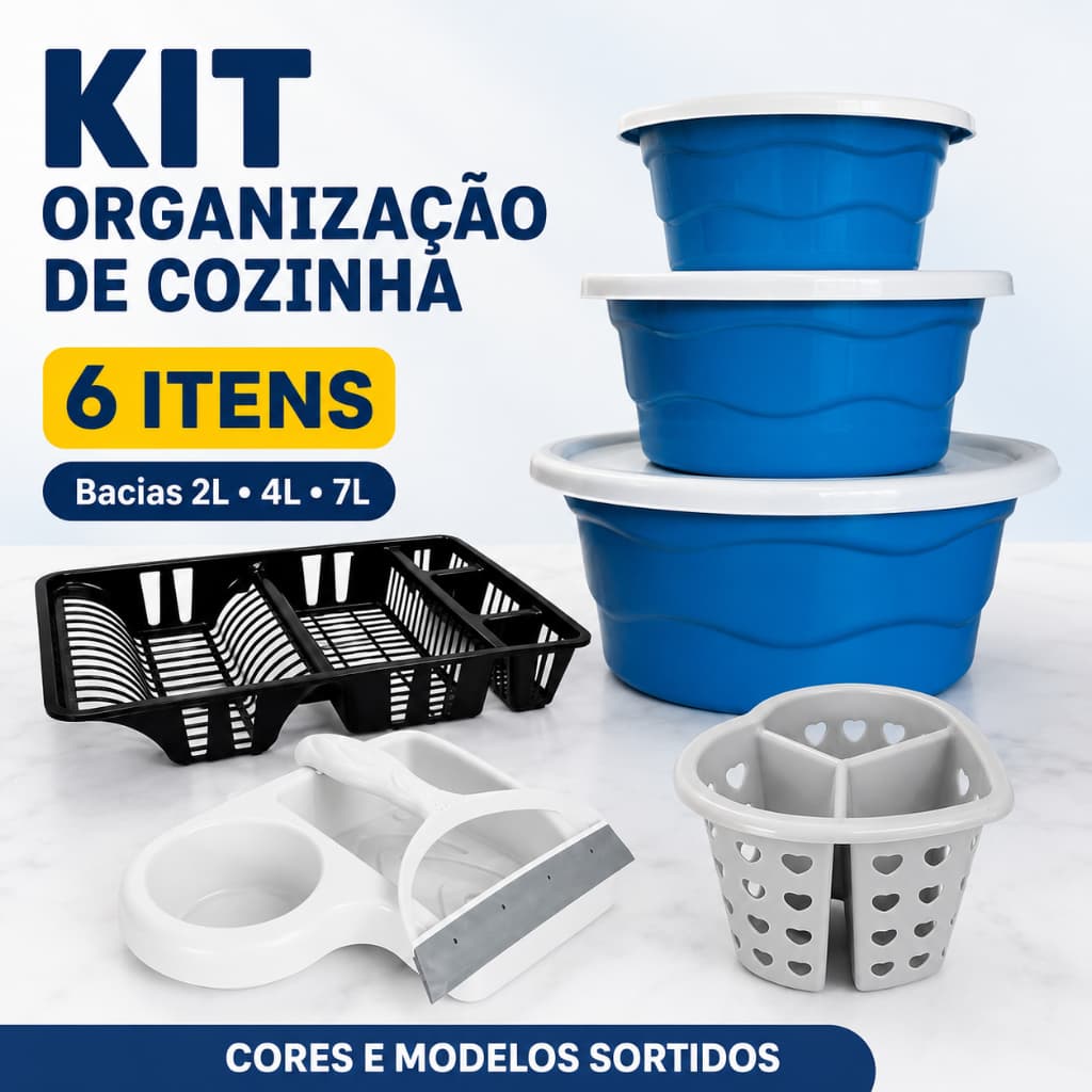 Kit Organização Cozinha 6 Itens 3 Bacias Tampa 2L 4L 7L Escorredor Porta Talheres Porta Detergente