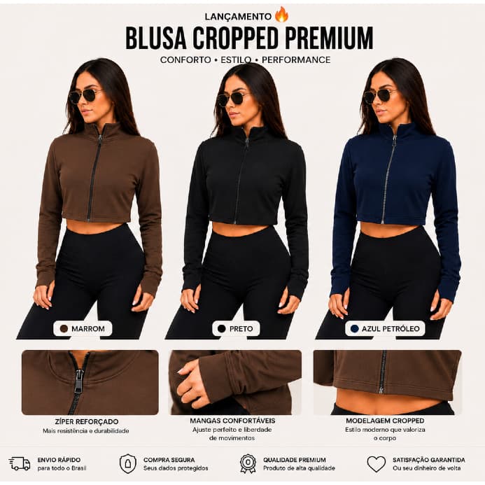 Blusa cropped de manga com zíper premium para treinar Suplex felpada