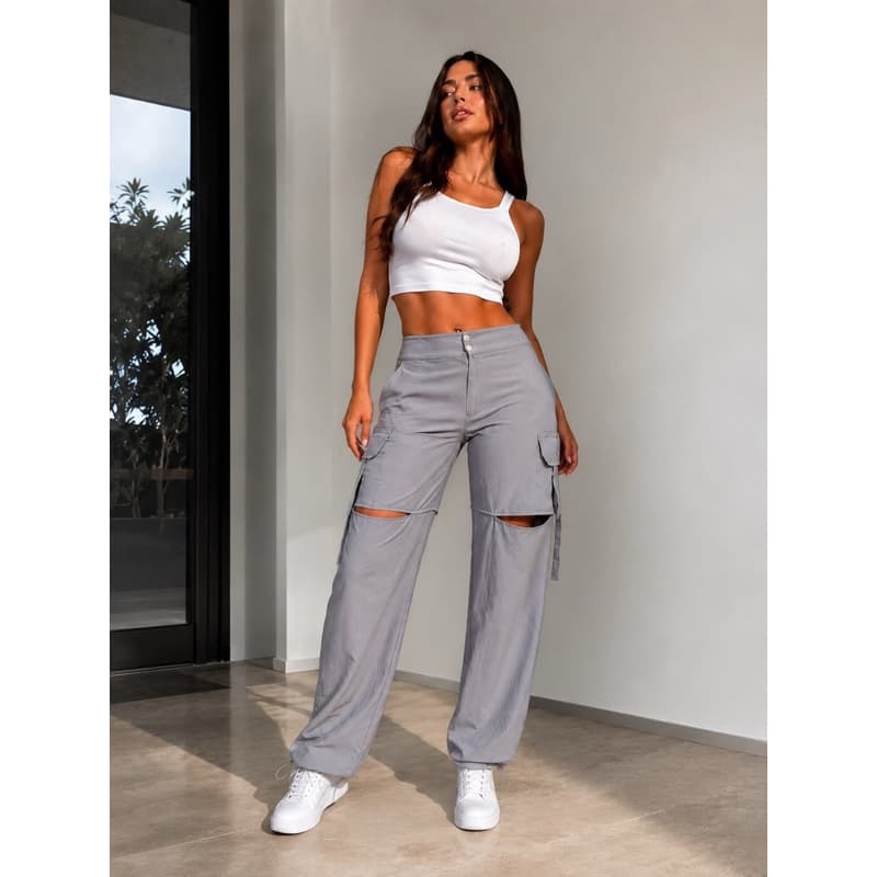 Calça Feminina Sensorial Wide Leg Parachute com Abertura e Bolsos Cintura Alta Estiloso – Tendência 2026