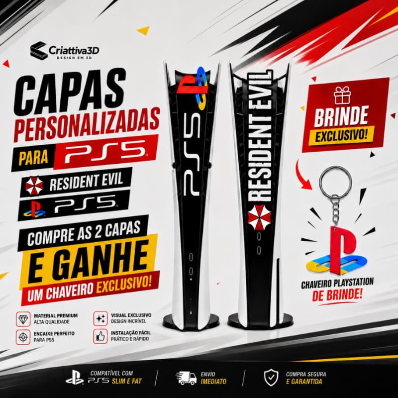 Capas PS5 Personalizadas Resident Evil Faceplate Play Station 5 Skin Compatível Slim Fat Digital + Chaveiro Brinde Kit 2