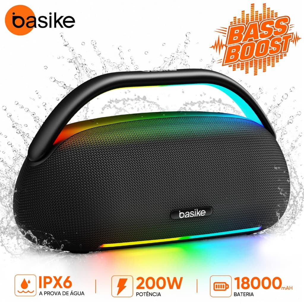 Basike Caixa de Som Portátil Sem Fio  , Bluetooth 5.3, 200W  RWS 160W, Luzes RGB, 18000mAh, IPX5