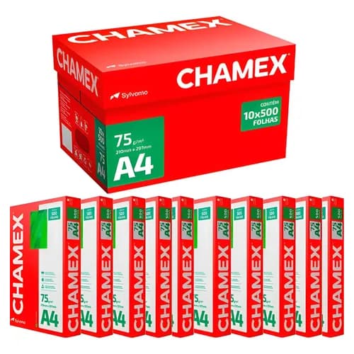 Papel Sulfite A4 Chamex 75g Caixa com 10 Resmas 5000 Folhas Original Escritório Escola Impressora e Xerox