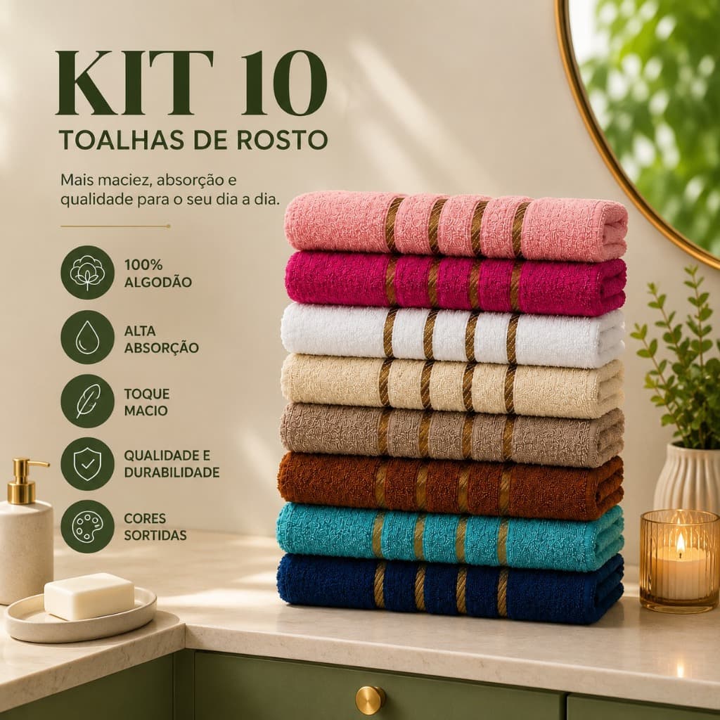 Kit 10 Toalhas de Rosto 100% Algodão Macias Alta Absorção 45x70cm Cores Sortidas