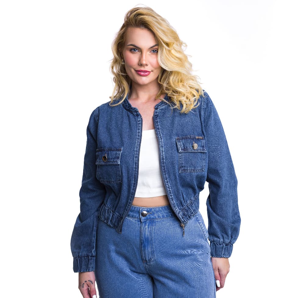 Jaqueta Feminina Bomber Moda Plus Size Jeans Leve com Elástico Premium