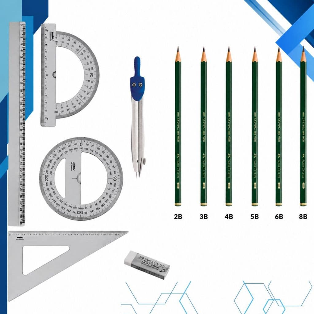 KIT 12 ITENS DESENHO TÉCNICO LAPIS PRETO FABER CASTELL 9000 + COMPASSO + BORRACHA FABER