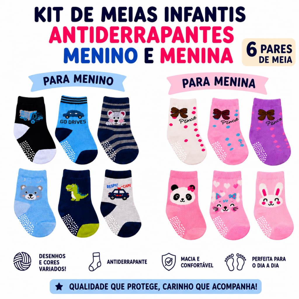 Kit 6 Pares Meias Infantis Antiderrapante Bebê Menino Menina Algodão Macia Confortável