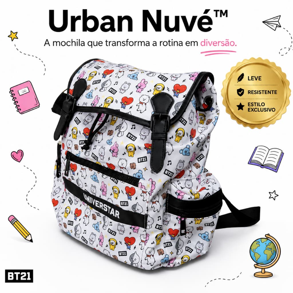 Mochila Infantil BT21 Escolar Branca Leve Resistente de Costas Grande Compartimentos Alças Ajustáveis Unissex Urban Nuvé