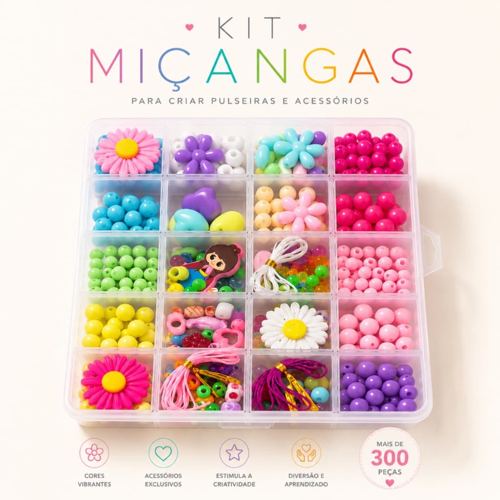 Kit para Fazer Pulseiras Infantil +300 Miçangas Coloridas com Estojo Organizador, Fios e Acessórios para Montar Colares