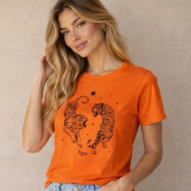 Blusa T-Shirt Feminina Camiseta Casual Estampada Tigre Astrologia Gola Careca Manga Curta 100% Algodão Moda Verão
