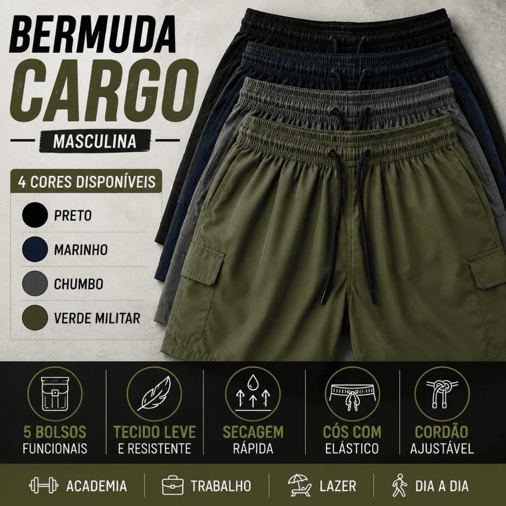 Bermuda Cargo Masculina Tactel 5 Bolsos Casual Academia Treino Leve Plus Size P ao G3