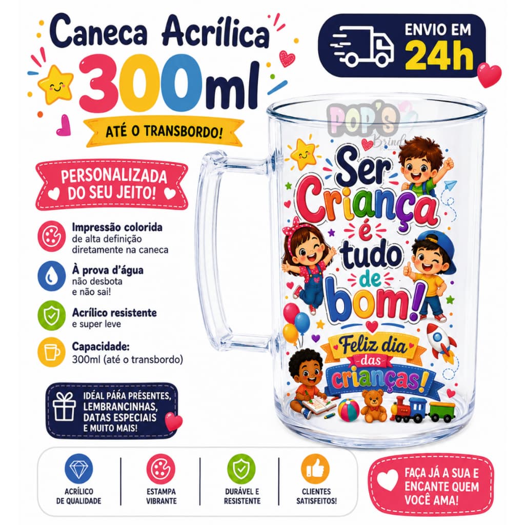 kit 50 Canecas 300 ml Dia das Crianças