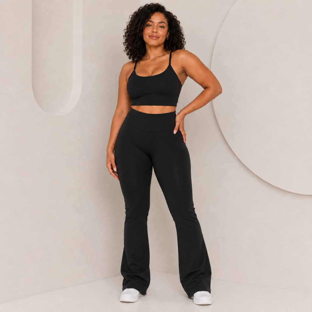 Conjunto Feminino Top Cropped Treino Perfeito e Calça Legging Flare Fitness Para Academia Corrida