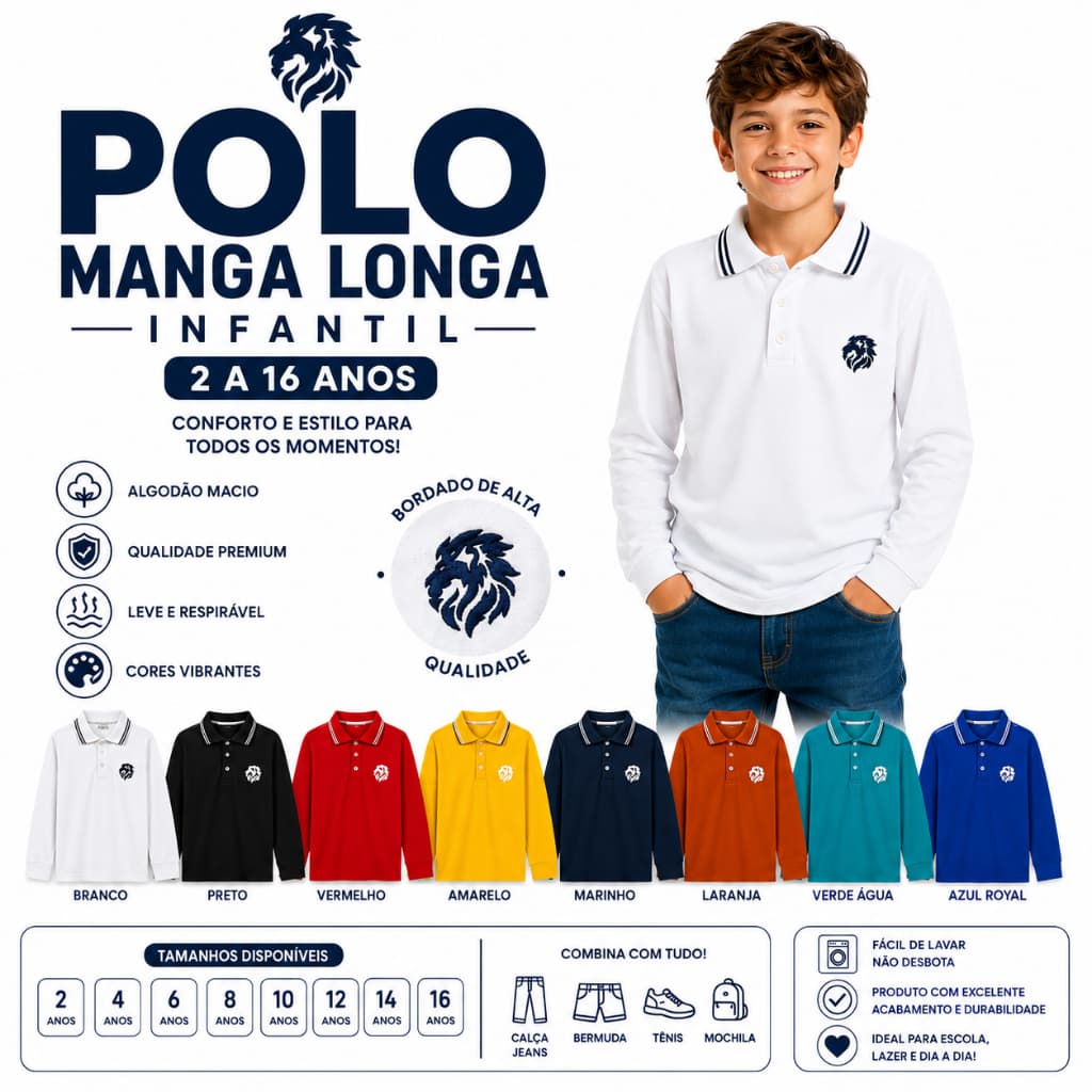 Camisa Polo Infantil Manga Longa | 2 a 16 Anos