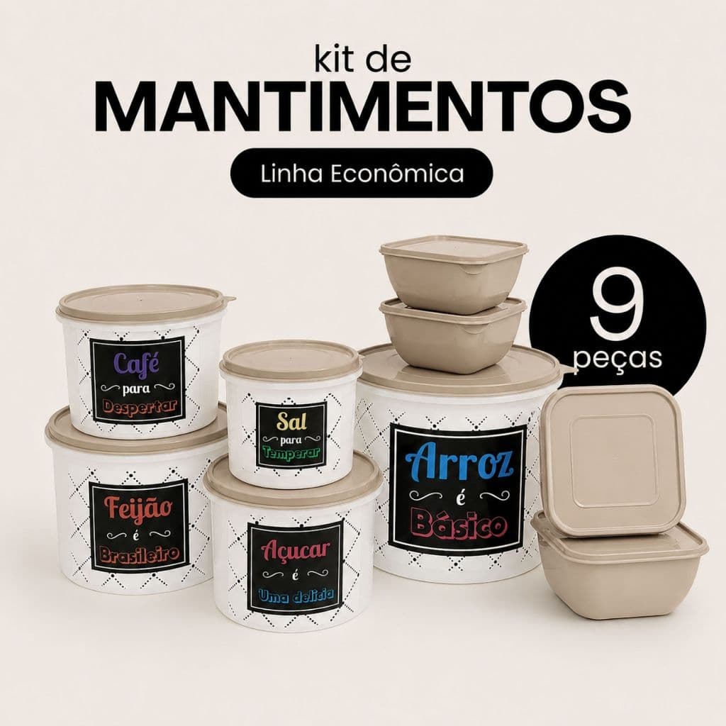 Kit 9 Potes 5 Mantimentos LINHA ECONÔMICA + 4 Marmitas Quadradas 500 ml Organização na Cozinha