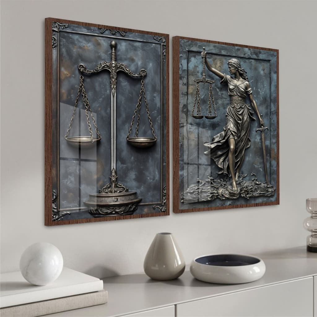 Kit Dois Quadros Decorativos Temática Jurídica Tons Metálicos Envelhecidos Para Escritório Advocacia