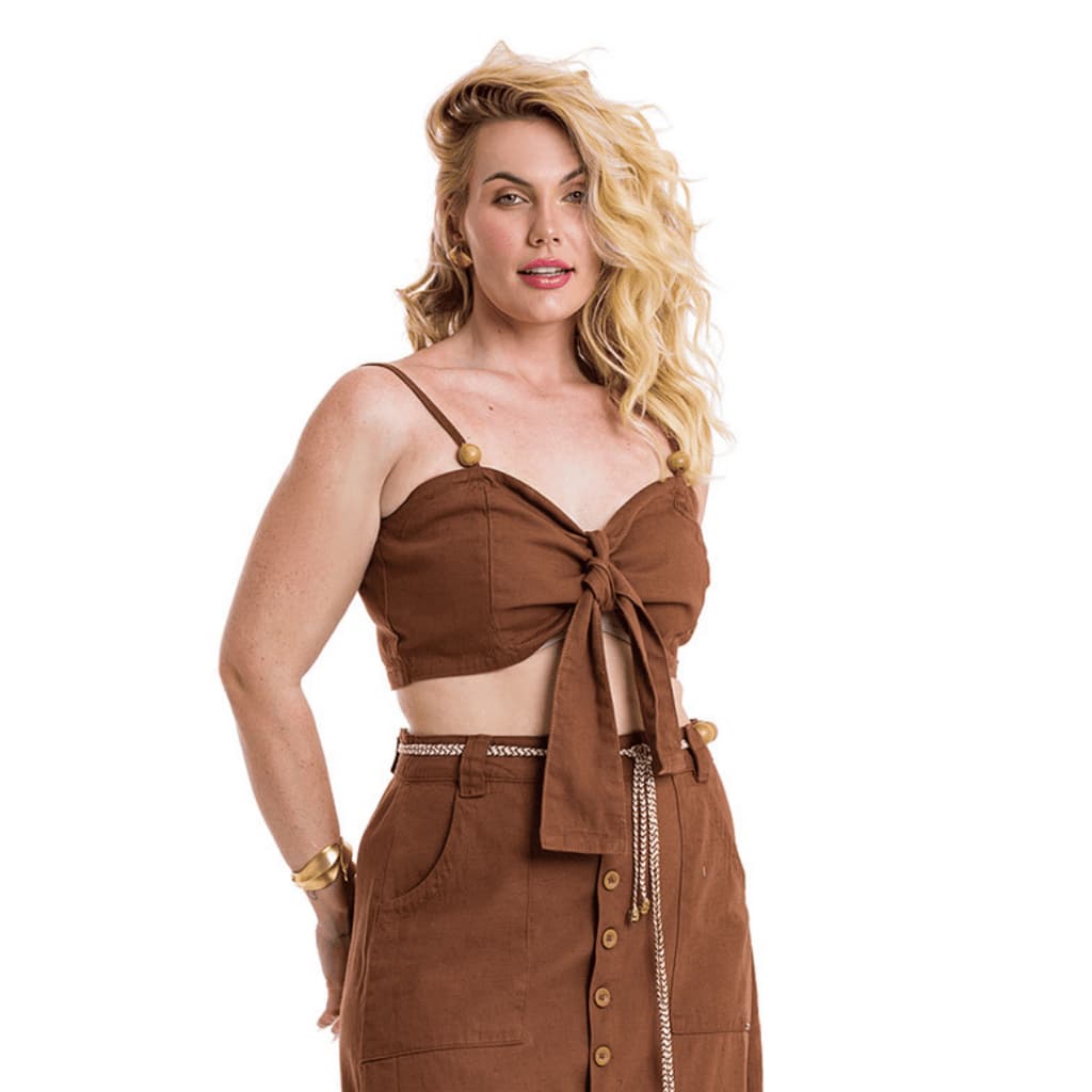 Cropped Top Plus Size 2 em 1 de Linho Premium Marrom com Faixa e Zíper