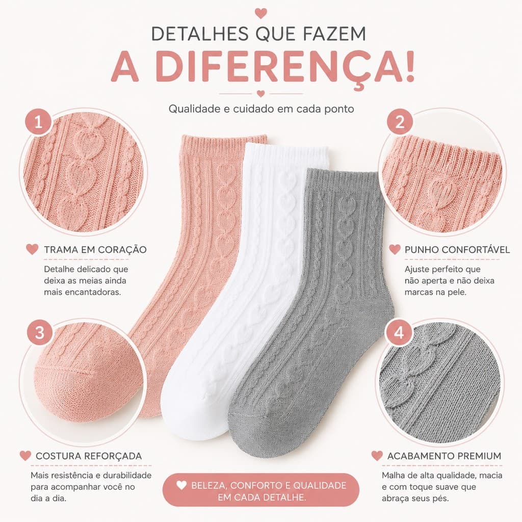KIT DE MEIAS FEMININAS LONGA – FOFAS, MACIAS E COM TEXTURA - RESPIRAVÉIS