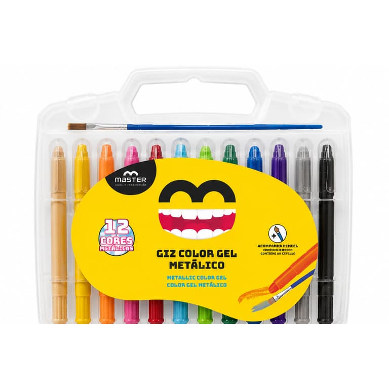 Giz de Cera Gel Metálico 12 Cores Master com Pincel Aquarelável Estojo Portátil Não Tóxico
