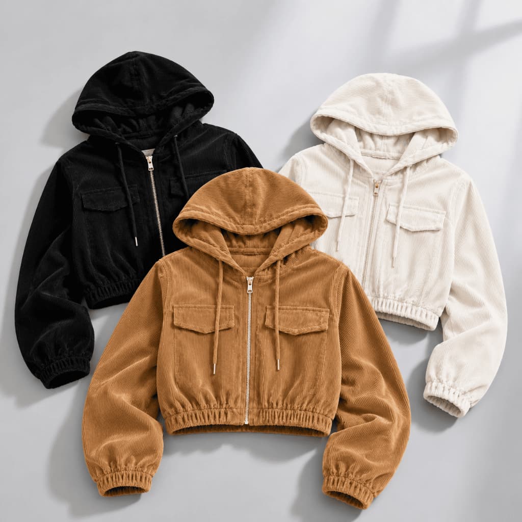 Jaqueta Veludo Cotelê Feminina Cropped com Capuz e Zíper