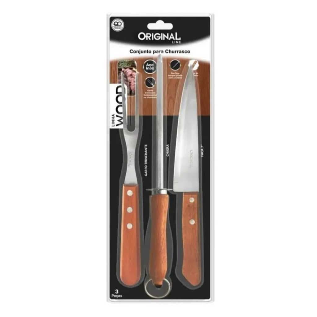 Conjunto De Churrasco Com Faca, Garfo E Chaira Amolador