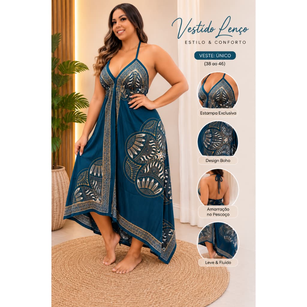 Vestido Lenço Indiano /Vestido de Pontas Viscose Premium Veste do 38 ao 46 várias estampas