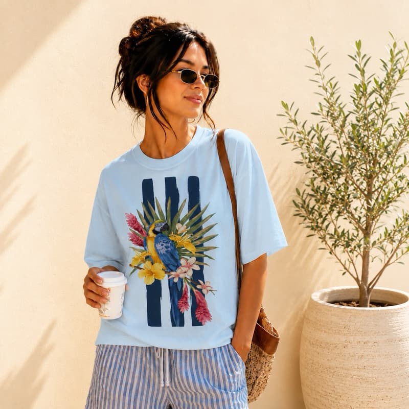 Camiseta Feminina Estampada Arara Tropical Verão novidade 100%Algodao Fresquinho