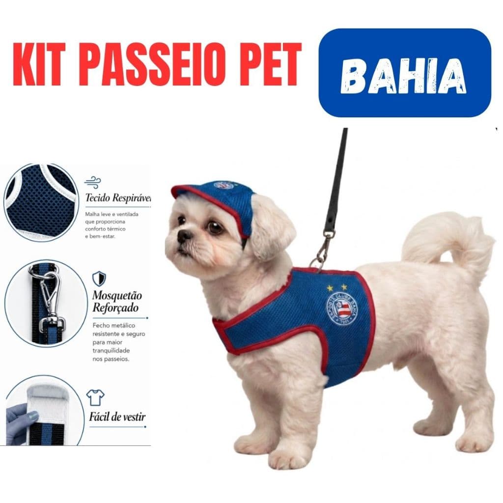 Kit Colete Peitoral Bahia cachorros e gatos com Guia 1 Metro