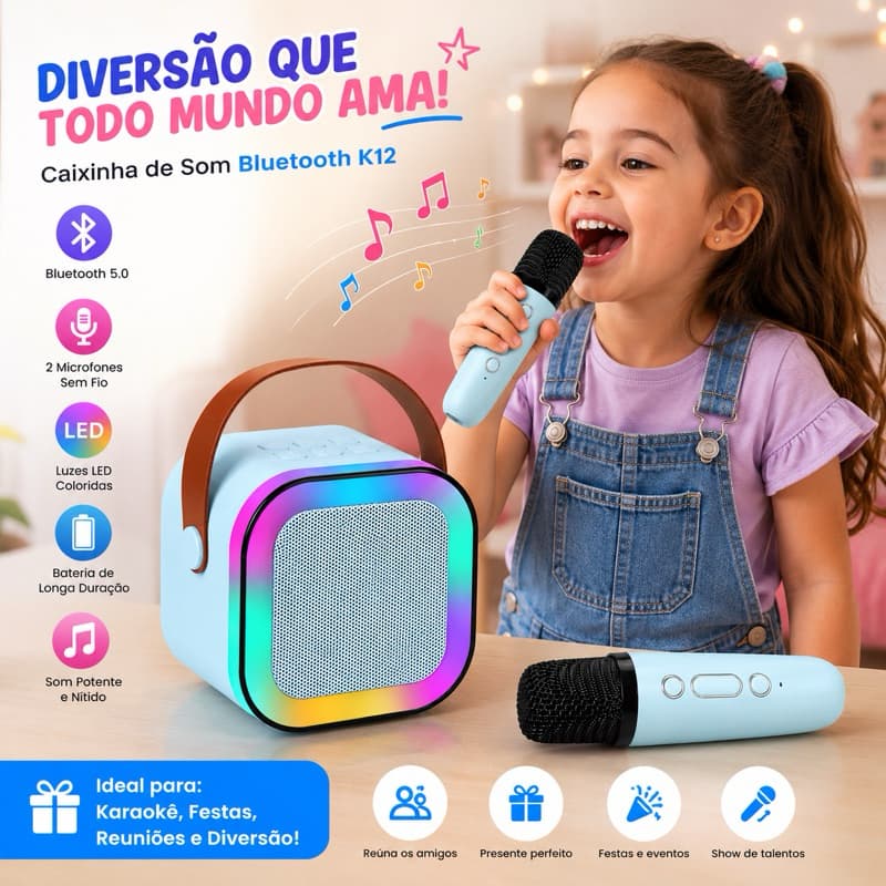 Karaoke Alto-falante Bluetooth com Microfone, Luzes LED e Diversão 1/2 mic K12