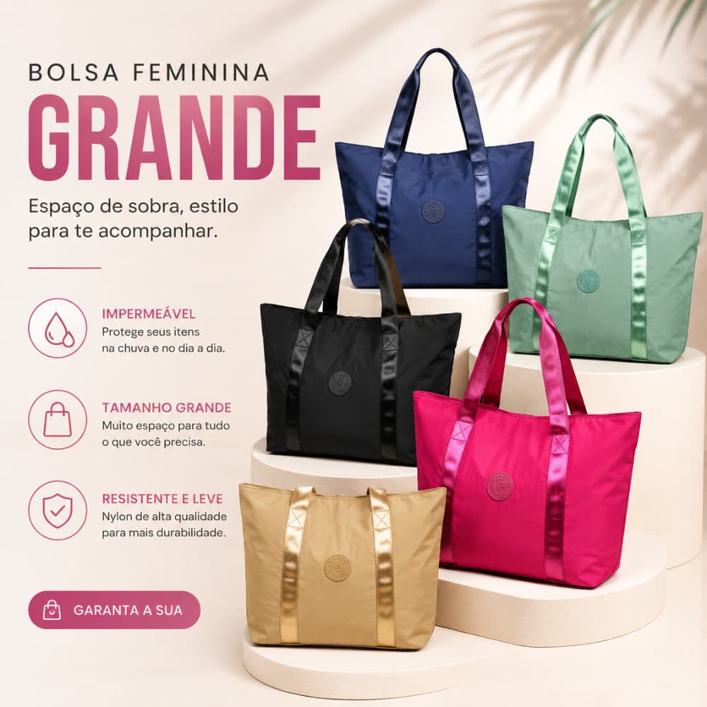 Bolsa Feminina de Ombro Tamanho Grande Tecido Impermeável Esporte Academia Faculdade Trabalho de Viagem