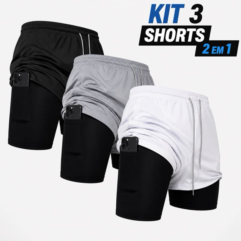 Kit 3 Shorts 2 Em 1 White Goat Dry Masculino Corrida e Academia com Forro de Compressão
