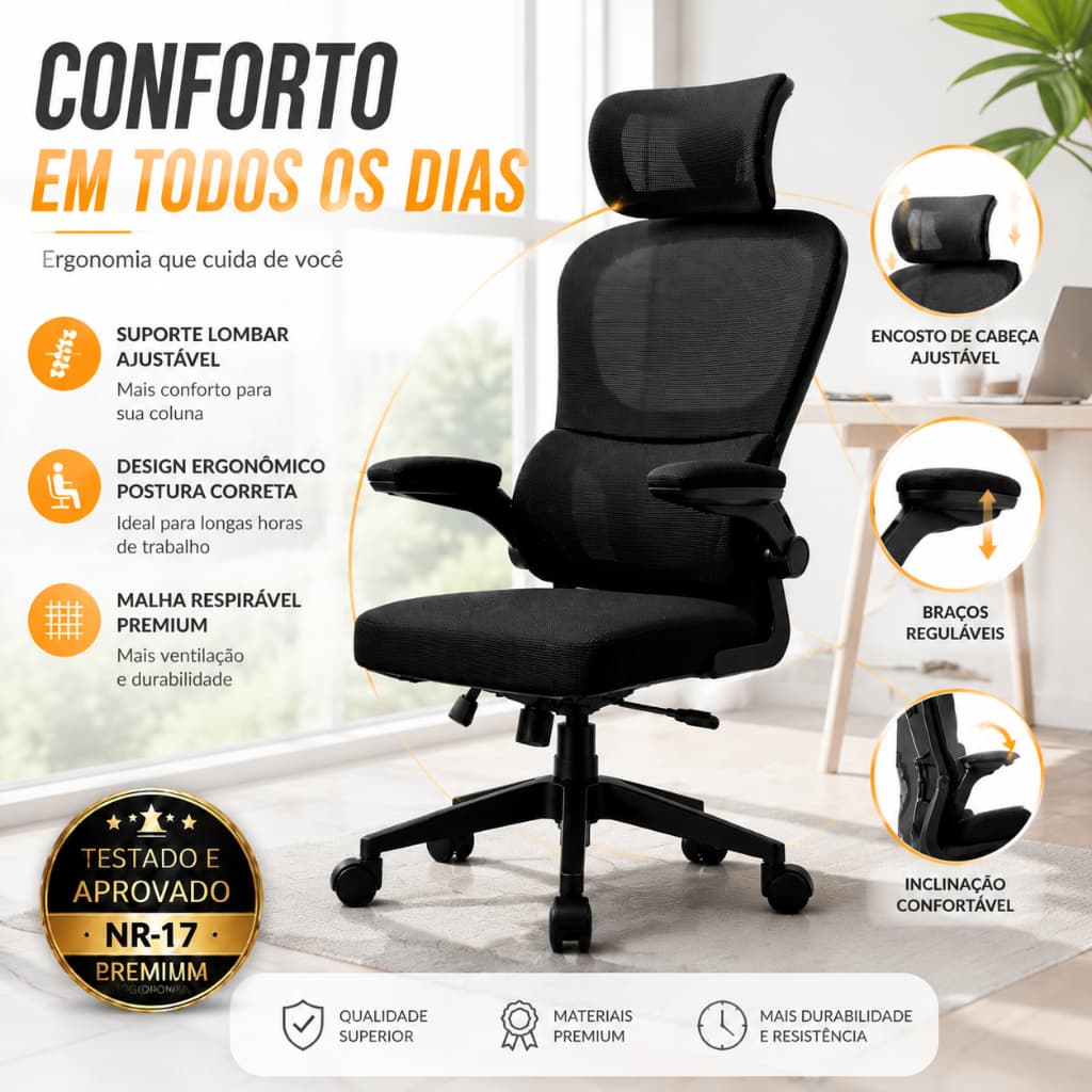 Cadeira de Escritório Ergonômica preta Giratória com Apoio Lombar e Braços Ajustáveis
