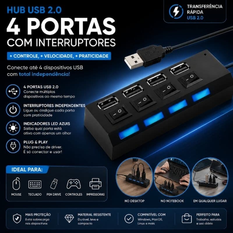 Extensor Adaptador Hub USB 4 Portas - (Cores Sortidas)
