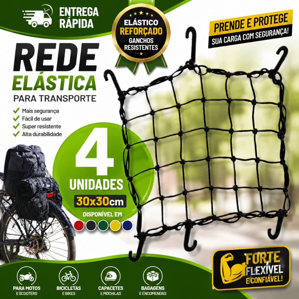 Jogo4/3/2/1 Rede Elástica Aranha Moto Bagageiro Capacete Moto Banco 30x30cm 6 Gancho Cores Sortidas Redinha