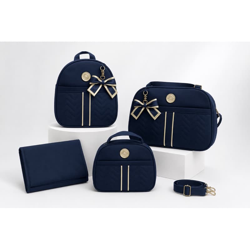 Kit Bolsa Maternidade Luxo 4 Peças Impermeável Mochila + Bolsa + Frasqueira + Trocador Menino/Menina