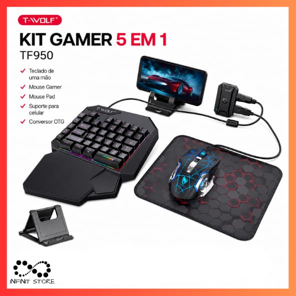 Kit Gamer 5 em 1 Teclado Gamer Uma Mão + Mouse LED + Mouse Pad + Suporte para Celular + Conversor OTG para Celular