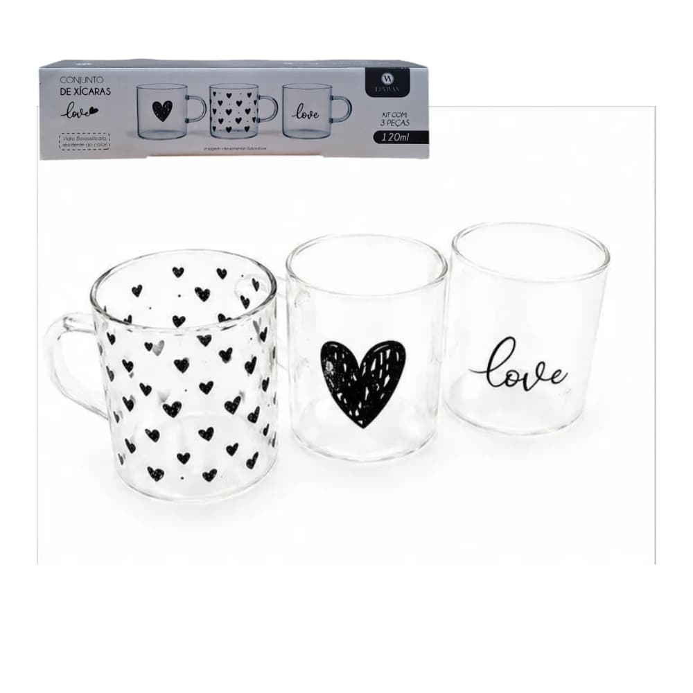 3 Xícaras Caneca Vidro Borosilicato Love Coração 120ml