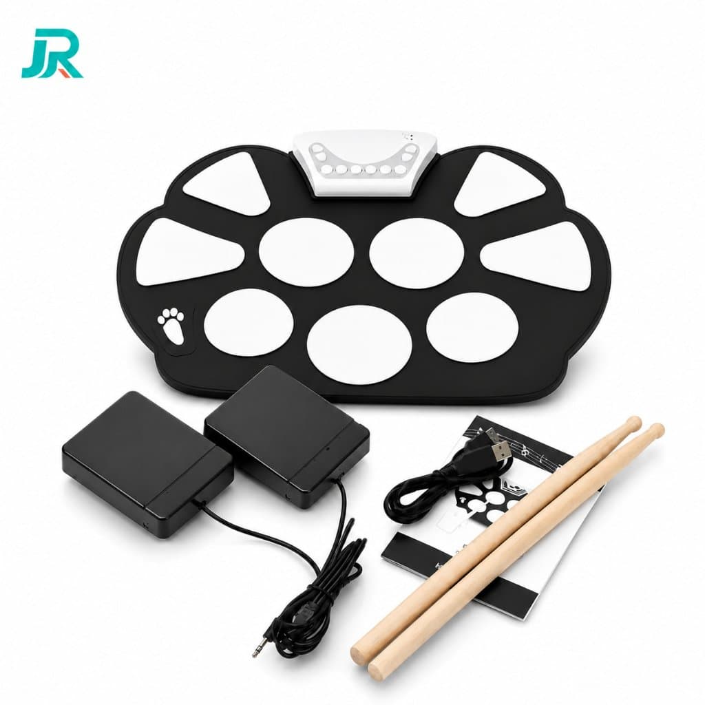 Bateria Eletrônica Dobrável Silicone EMT-S9 com Pedais e Baquetas – Portátil e Completa