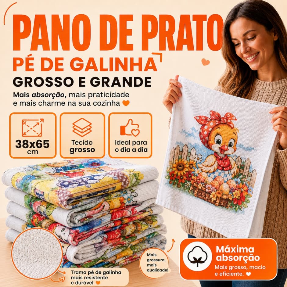 Pano de Prato 100% Algodão Estampado Pé de Galinha Grosso 38x65 cm Kit 3 a 30 Unidades